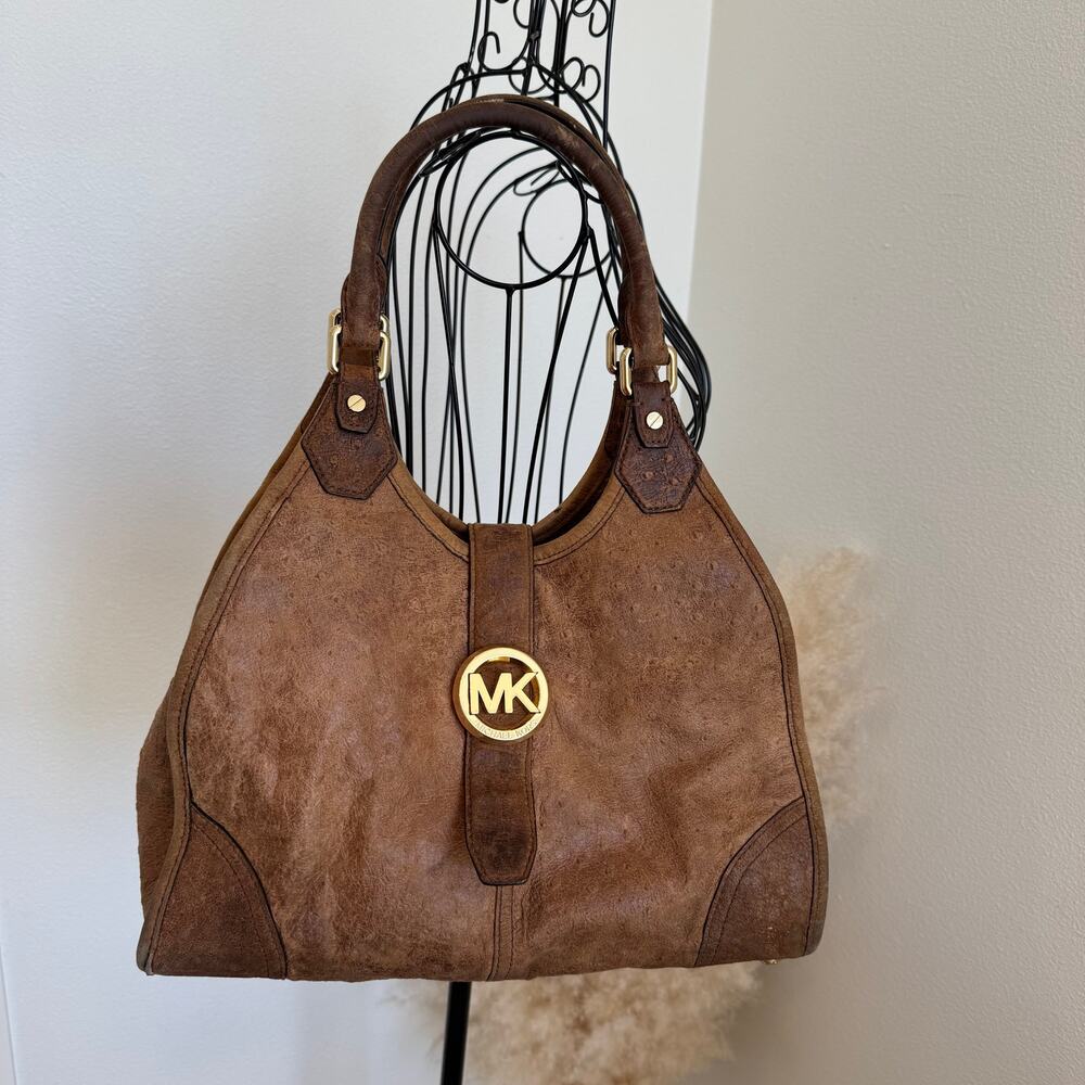 Michael Kors Distressed Ostrich Embossed Leather Shoulder Tote Bag Walnut Brown - Picture 5 of 12